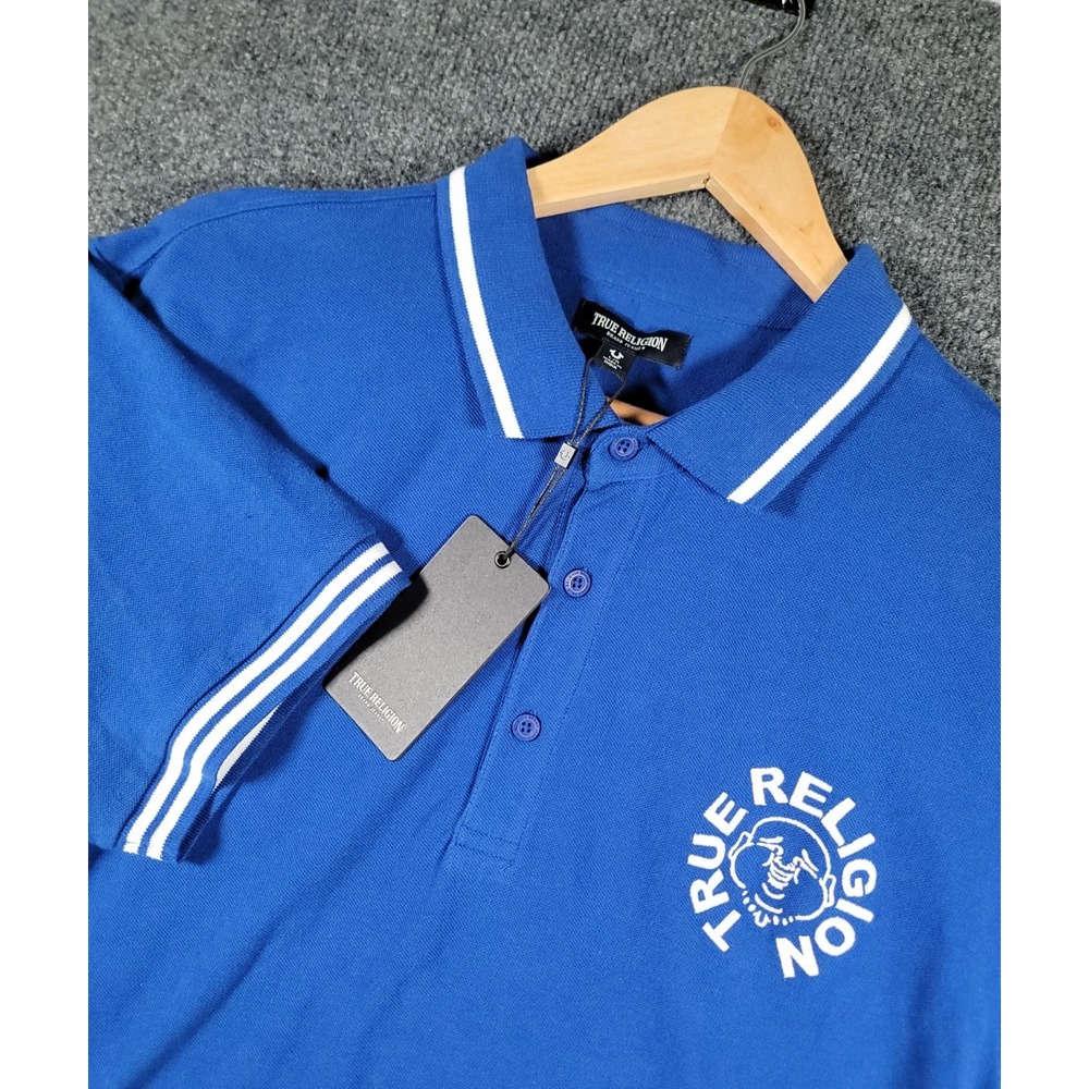 True Religion Polo Shirt Mens Large Blue Embroidered Rugby Relaxed Fit NWT $80